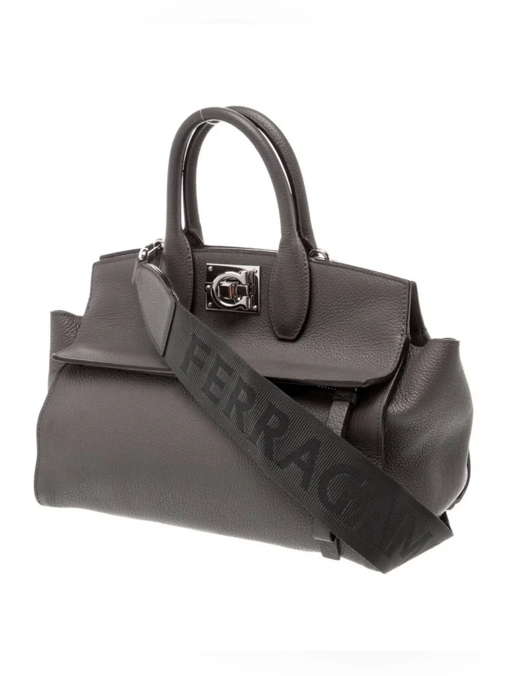 Salvatore Ferragamo Dark Gray Pebbled Leather Satchel with Branded Strap EUC